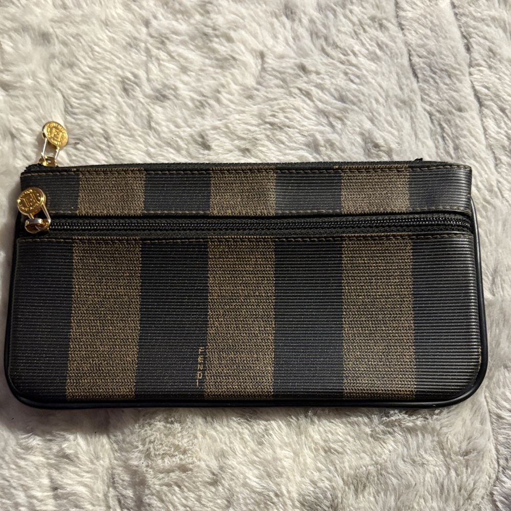 Fendi Black and Brown Striped Pouch with Gold Zippers